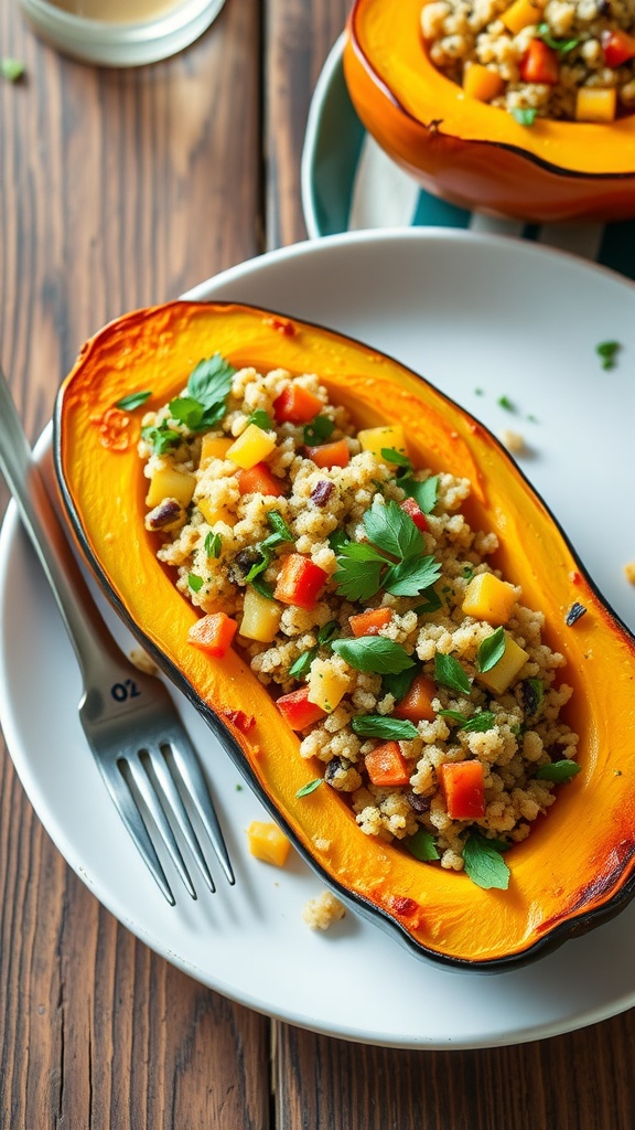 Stuffed acorn squash filled with quinoa and vegetables, garnished with herbs, on a rustic wooden table.
